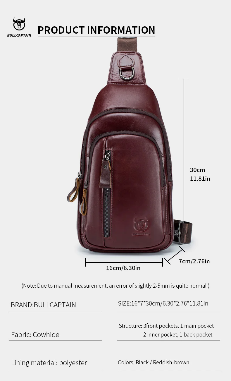 BULLCAPTAIN Brusttasche aus echtem Leder, große Kapazität, lässige Umhängetasche, multifunktionale Umhängetasche aus Leder der ersten Schicht – Detail 7