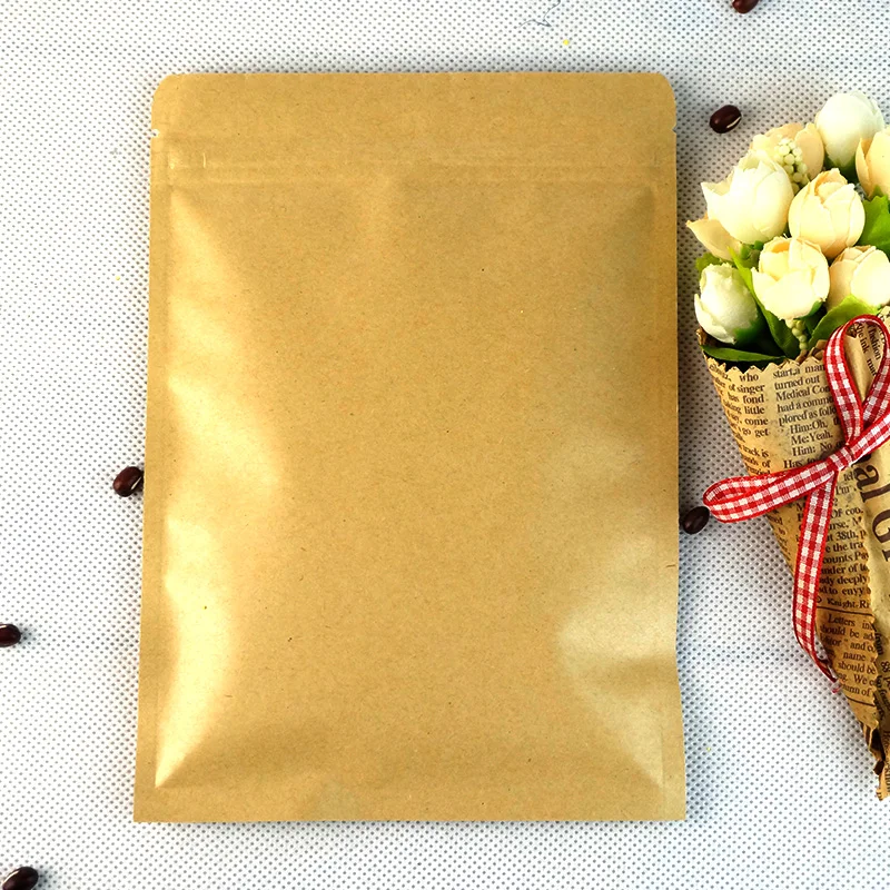 

100pcs Flat Kraft Paper Zip Lock Gift Packaging Bag Capsule Nuts Grain Spice Corn Powder Chocolate Ground Coffee Paper Gift Bags