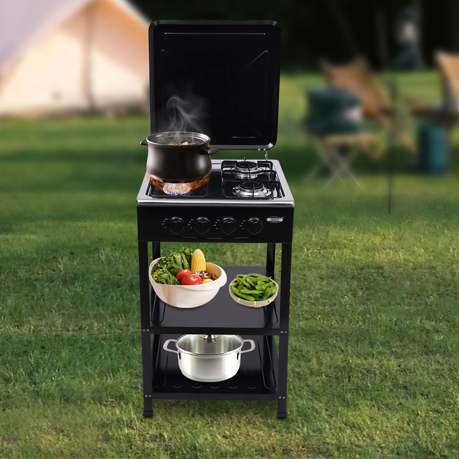 Portable Outdoor Cookware With 4 Burners, Gas Stove With Support Leg Bracket And Windshield Cover Adapter