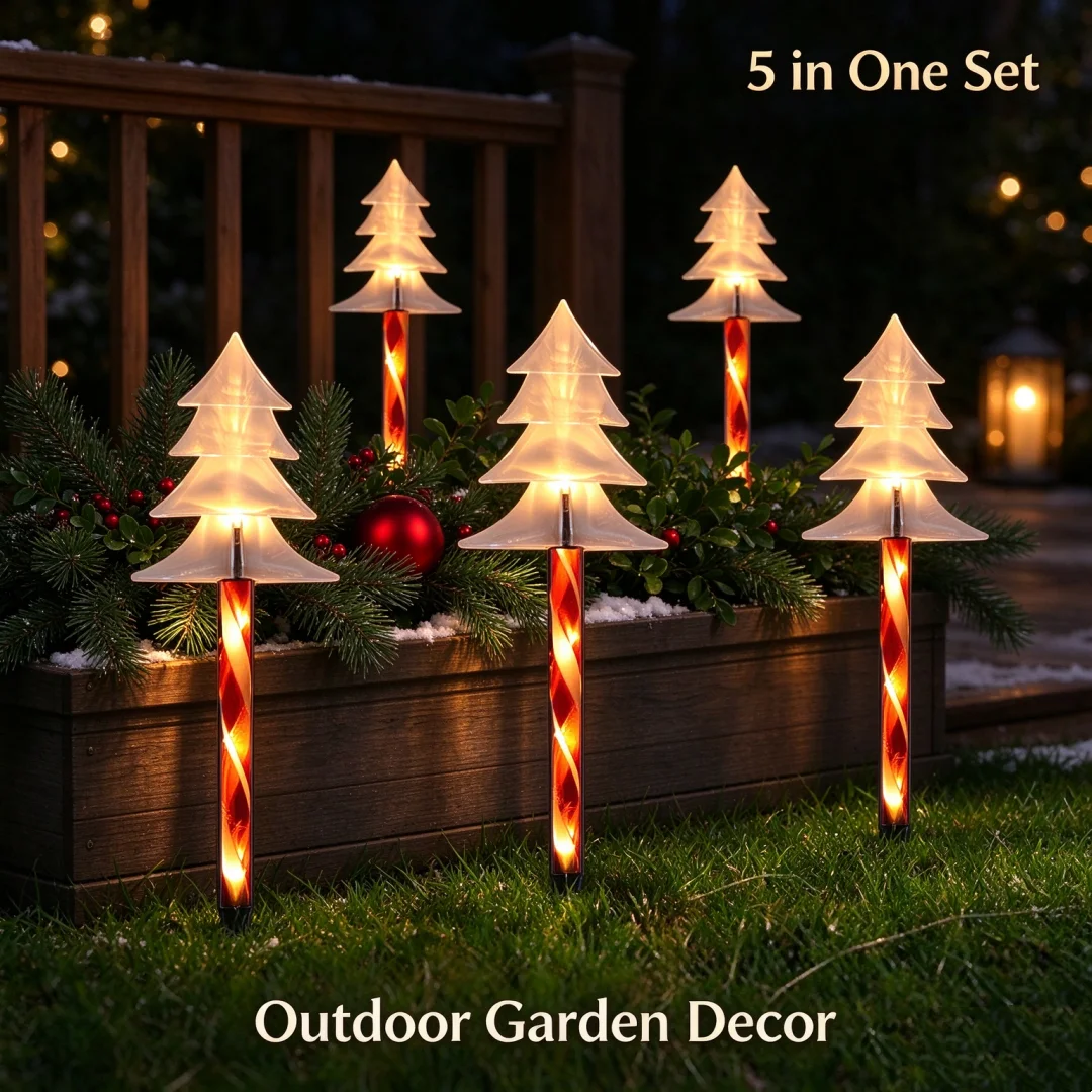5Pcs/set Christmas Star Tree Candy Cane Solar Stake Lights LED Pathway Lights For Outdoor Garden Yard Xmas Holiday Party Decor