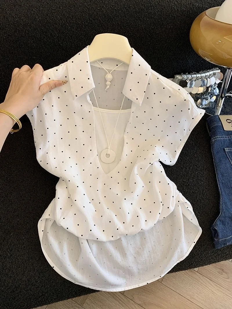 

Summer New Design Polka Dot Short Sleeve Women's Top Folded Slimming Fashionable Small Shirt Korean Style Commute Wind