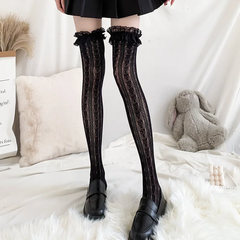 Spring/Autumn Thin Lace Hollow White Thigh High Lolita Socks for Women JK Cute Black Long Stockings