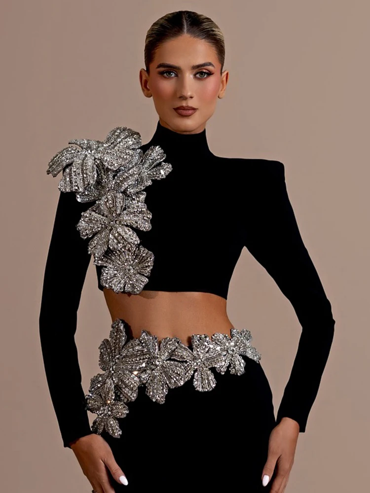 Avondfeest zwarte lange mouwen tweedelige bandageset coltrui diamanten bloemtop met bodycon maxi rok pak outfit