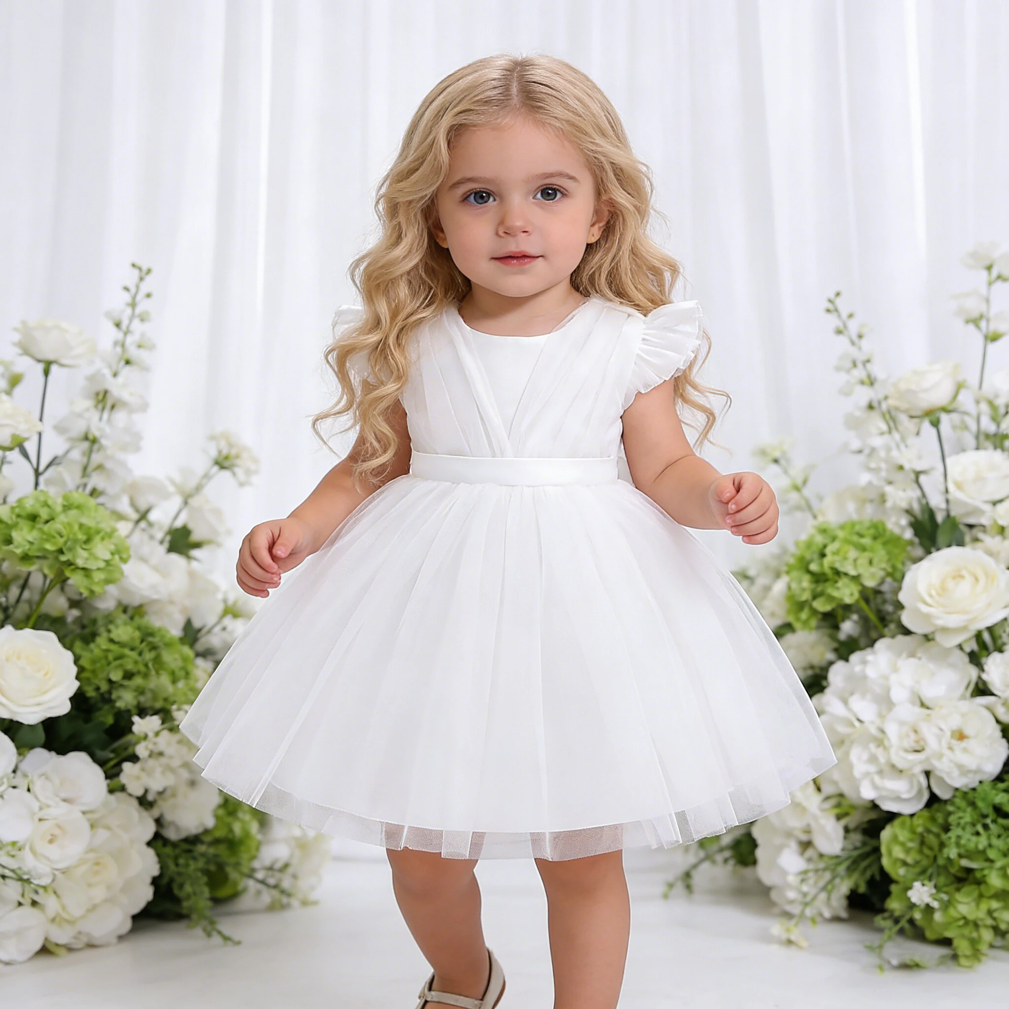

Белое праздничное платье для крещения маленьких девочек с рукавами-крылышками и бантом на первый день рождения, платья принцессы для первого причастия, свадьбы, детская одежда