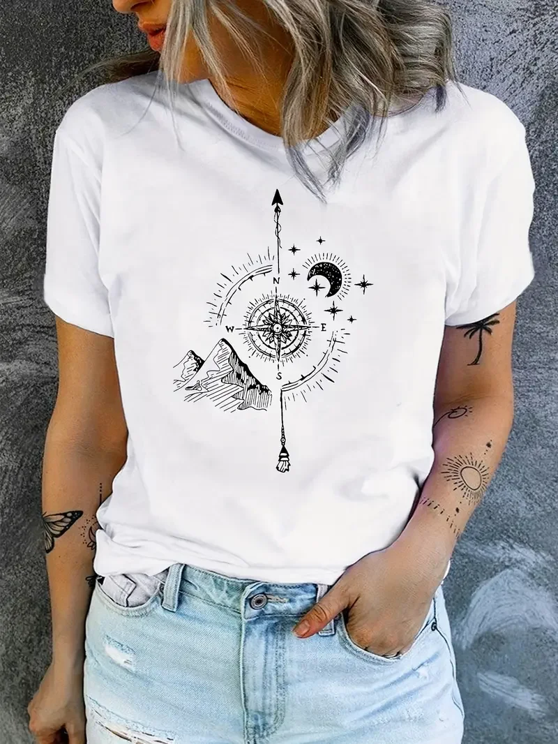 Compass and Moon Graphic Funny T-Shirt Summer Women's Shirt Fashion O-Neck Short Sleeve Casual Commuter Top Minimalist Design