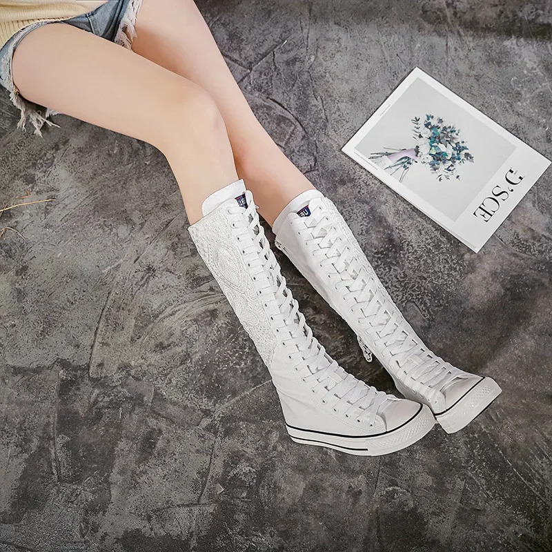 Long Tube Casual Women Shoes Spring  Summer New Lace High Tube Canvas Shoes Trend Short Tube Women Boots All-match Student Shoes