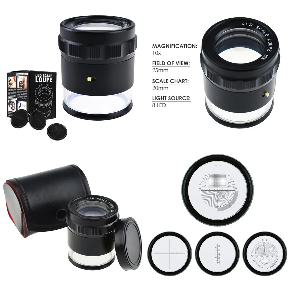 

Светодиодная HD-лупа с высоким увеличением 10X, со шкалой и 3 сменными измерительными пластинами для микроскопии