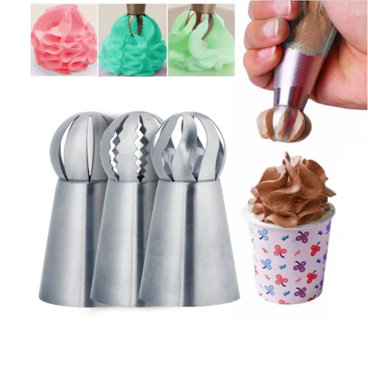 3pcs/set Stainless Steel Cupcake Sphere Ball Shape Icing Piping Nozzles Cake Decorating Tool Pastry Cream Spout for DIY Baking