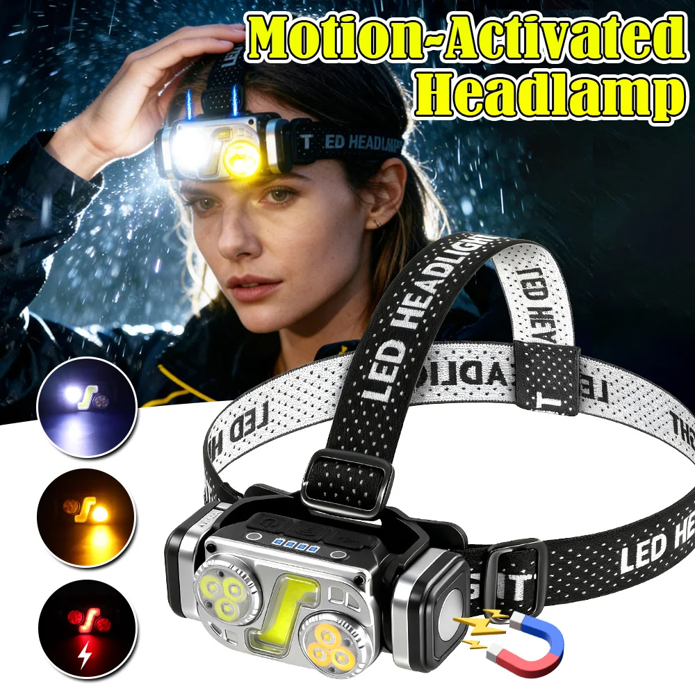 

Налобный фонарь с ИК-датчиком, перезаряжаемая фара 18650, портативный аварийный светодиодный налобный фонарь, водонепроницаемый налобный фонарик для кемпинга, рыбалки