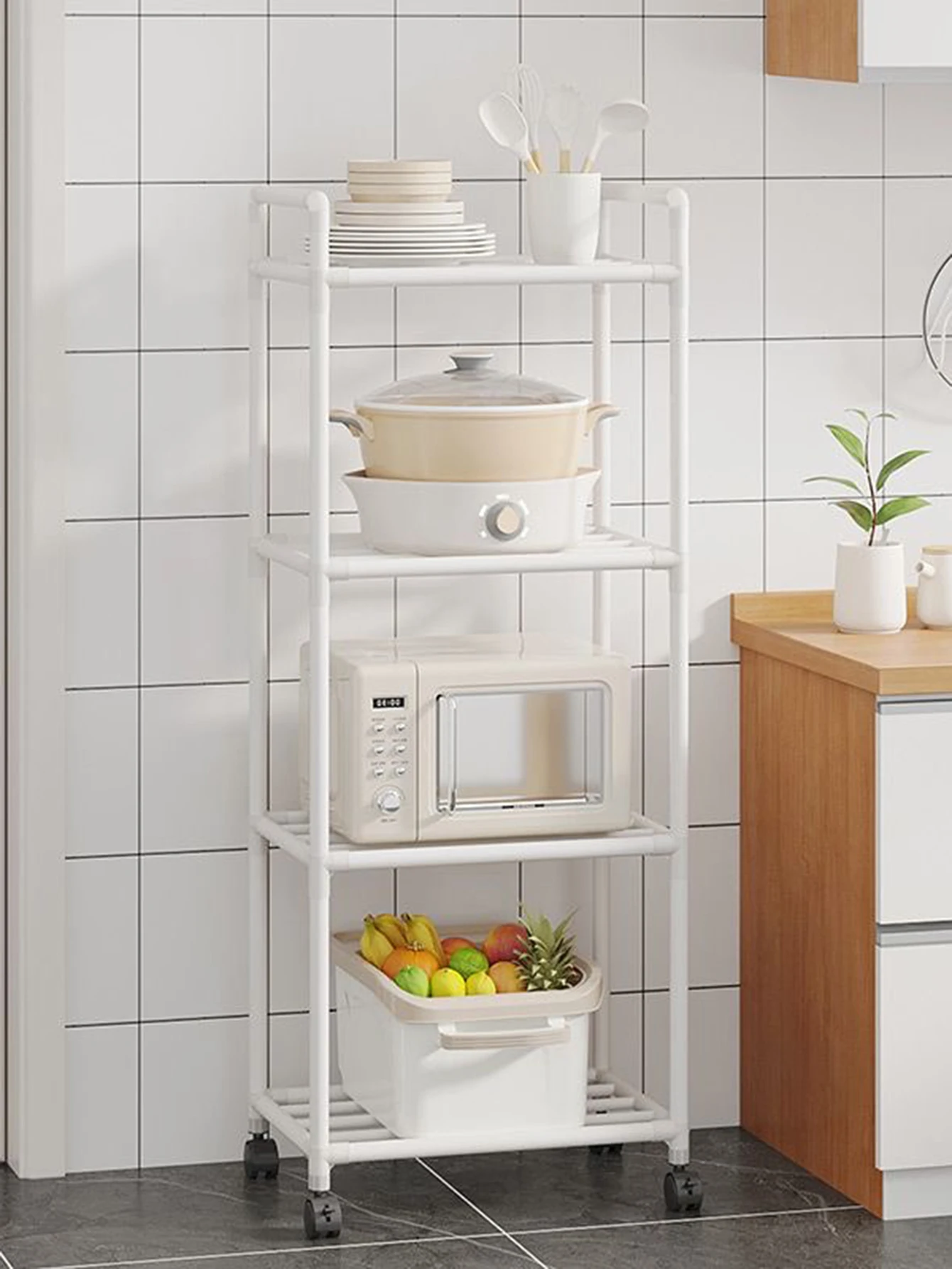 6/5/4/3 Layers Storage Shelves Microwave Racks with Pulleys Floor-Standing Pantry Organization and Kitchen Storage Accessories