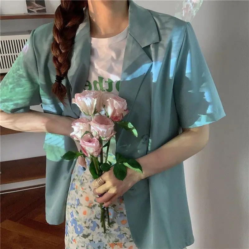 Suit Women Summer Short Sleeve Blazer Lightweight Blouse Loose Tops Korean Chic Shirt Solid Women Clothing Coats New