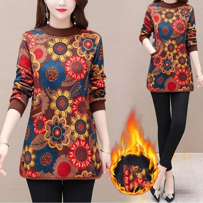 Women\'s Round Neck Patchwork Thick 2023 Autumn and Winter New Plant&Flowers Printing Pocket Long Sleeve Elegant Pullover Tops