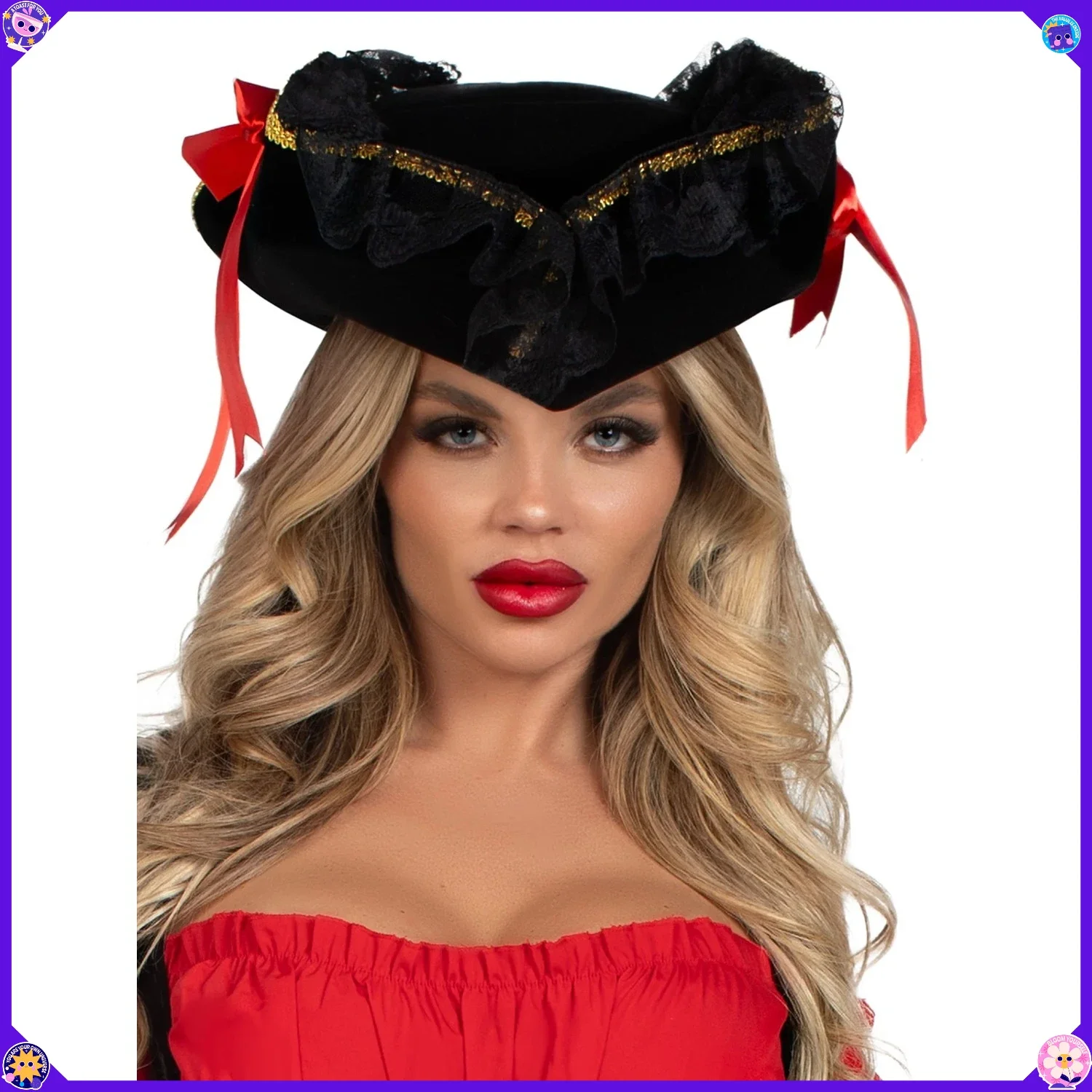 

Пиратская шляпа для взрослых с кружевными бантами - черный, красный, один размер, аксессуар для костюма на Хэллоуин для вечеринки и косплея