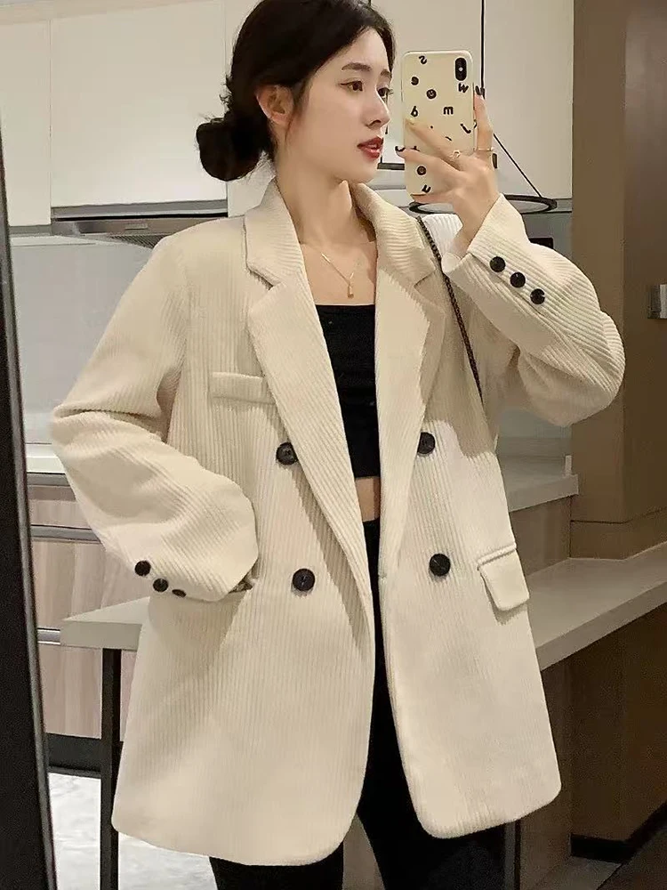 Winter Corduroy Blazer Women Y2K Loose Streetwear Casual Jacket Female Fashion Double-Breasted All Match Lapel Suit Coats New