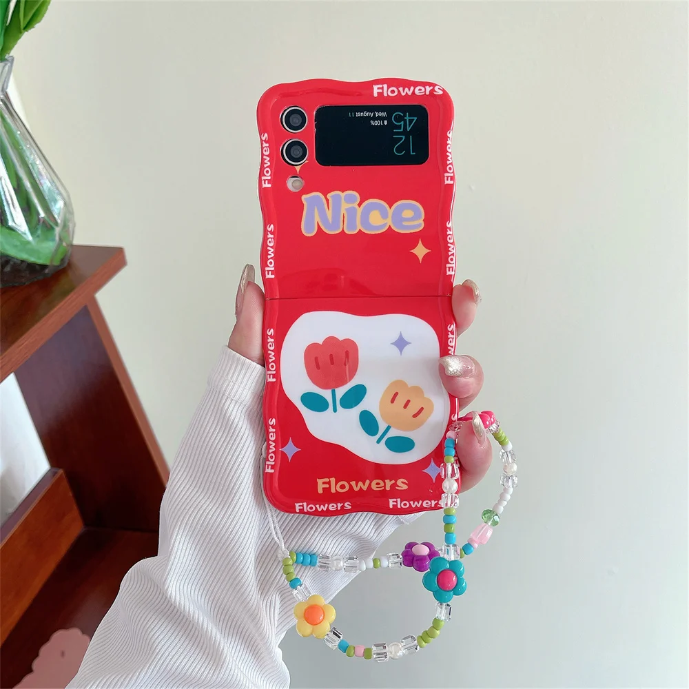 Cartoon Tulip Flower Wave Border Phone Case for Samsung Galaxy Z Flip5 Z Flip3 Flip4 ZFlip 5 4 3 Fashion Crystal Lanyard Cover