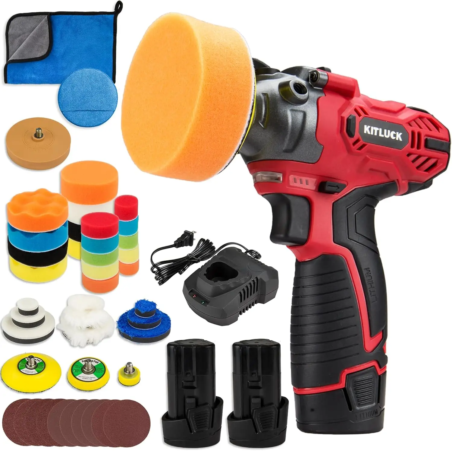 

12V Cordless Car Polisher with 2 Batteries, Variable Speed, 40 Pads for Detailing & Waxing