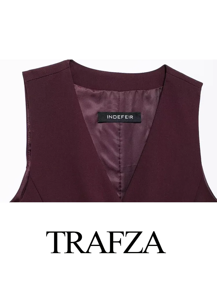 TRAFZA donna autunno moda pantalone abiti vino rosso scollo a v bottoni senza maniche monopetto top + pantaloni a gamba larga con cerniera a vita alta