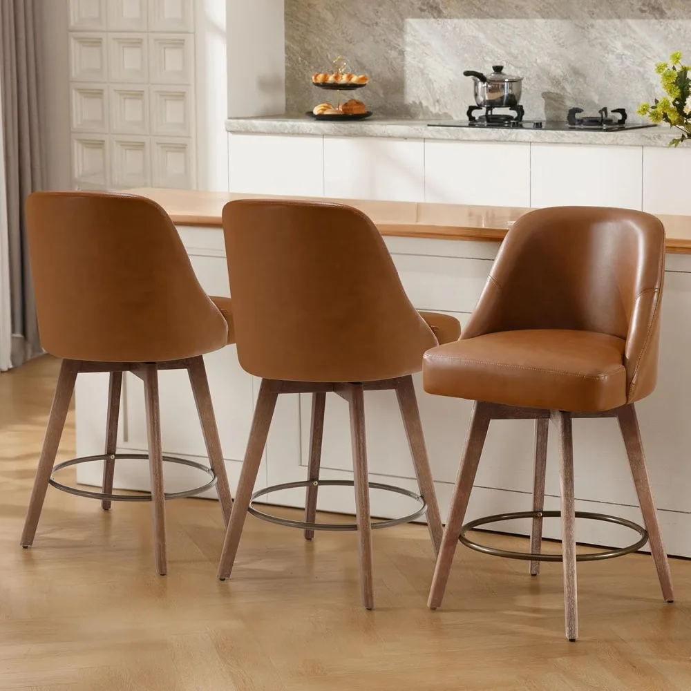 

Counter Height Bar Stools Set of 3, Mid-Century Swivel Bar Chairs with Backs and Beech Wood Legs, 26 Inch Seat Height