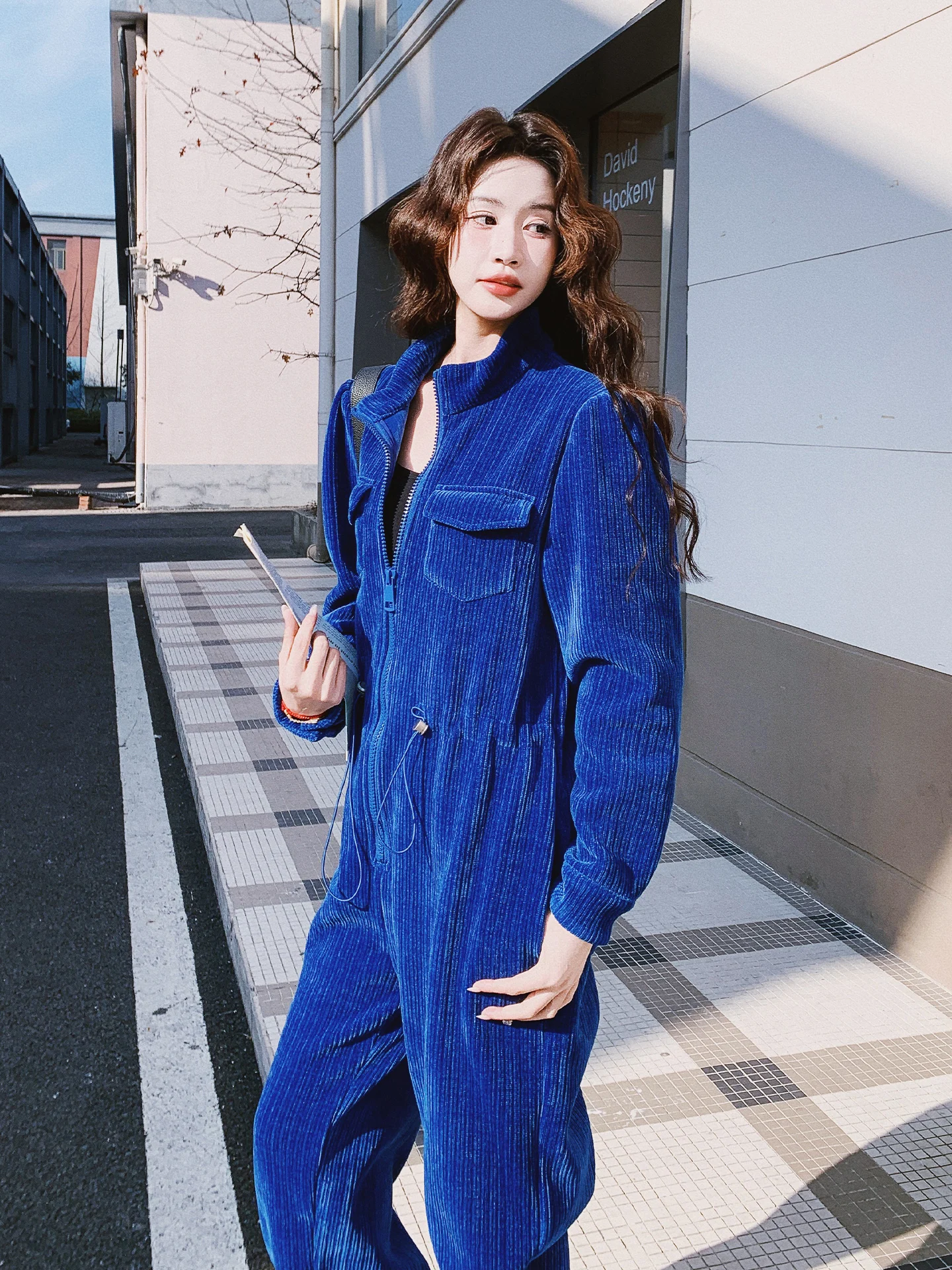 

Стильный синий рабочий комбинезон для женщин: весенне-осенний, с высокой талией, дизайнерский крой, прямые длинные брюки