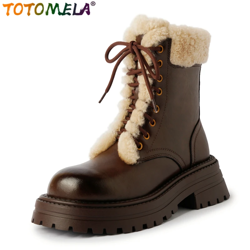 TOTOMELA 2025 nuevas botas de nieve de cuero genuino botas de invierno cálidas de lana para mujer punta redonda negro marrón plataforma botines clásicos