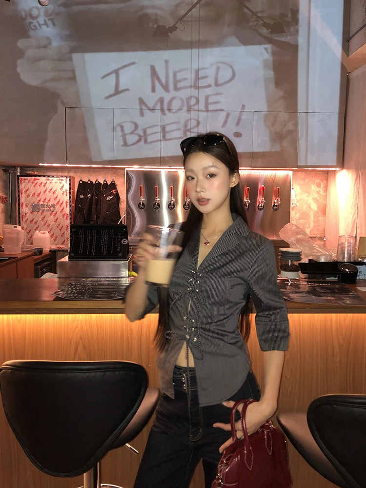 ADAgirl Black Striped Blouse Female Five Quarter Short Sleeved Shirt Women Spring Summer Korean Fashion Lace-up Button Clothes