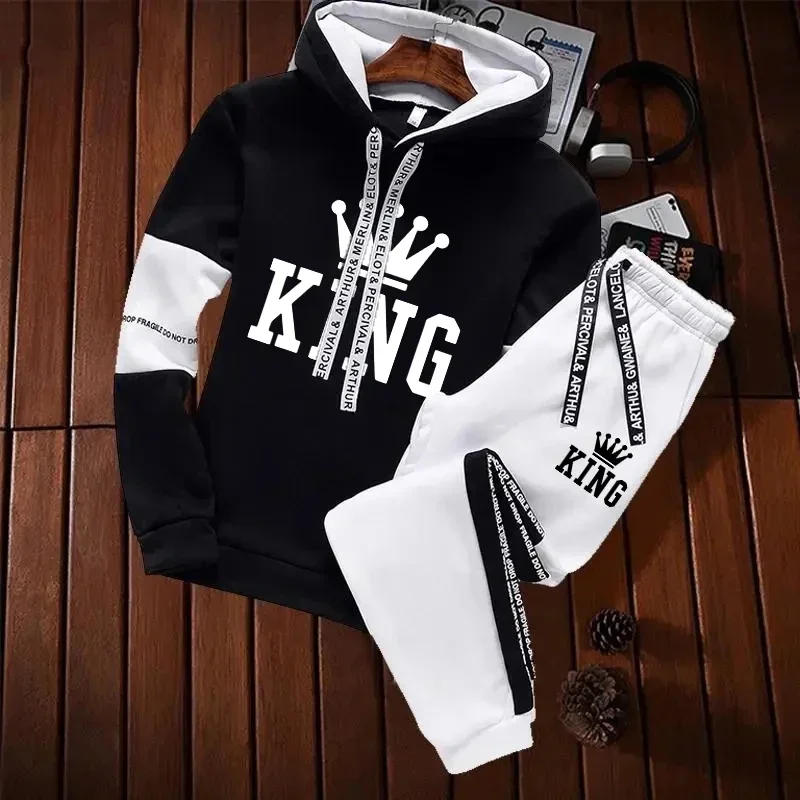 King Mens Tracksuit Casual Classic Black White Hooded Sweatshirt Sweatpants 2 Piece Set Jogging High Quality Fashion Print Suit