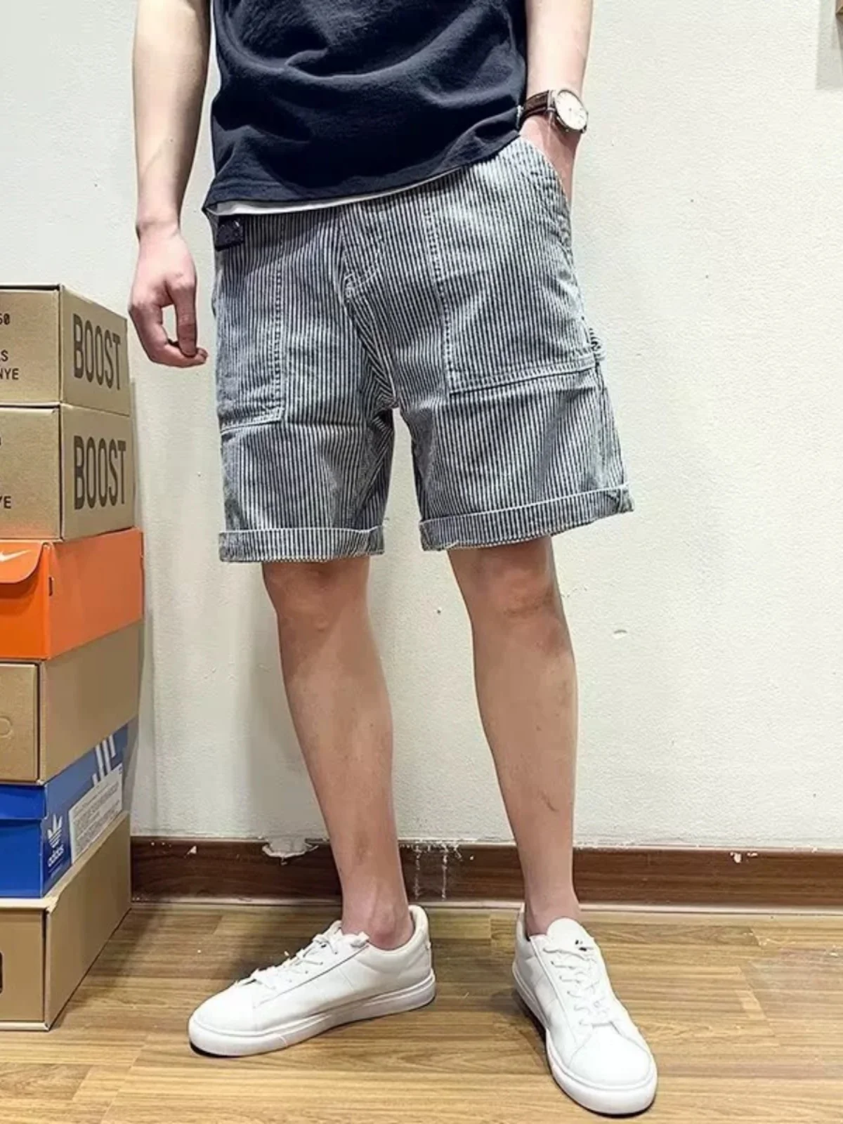 

Retro Japanese Sle Striped Workwear Jeans orts Men's Trendy Loose Straight Five-Point Summer Thin Medium-Length Pants
