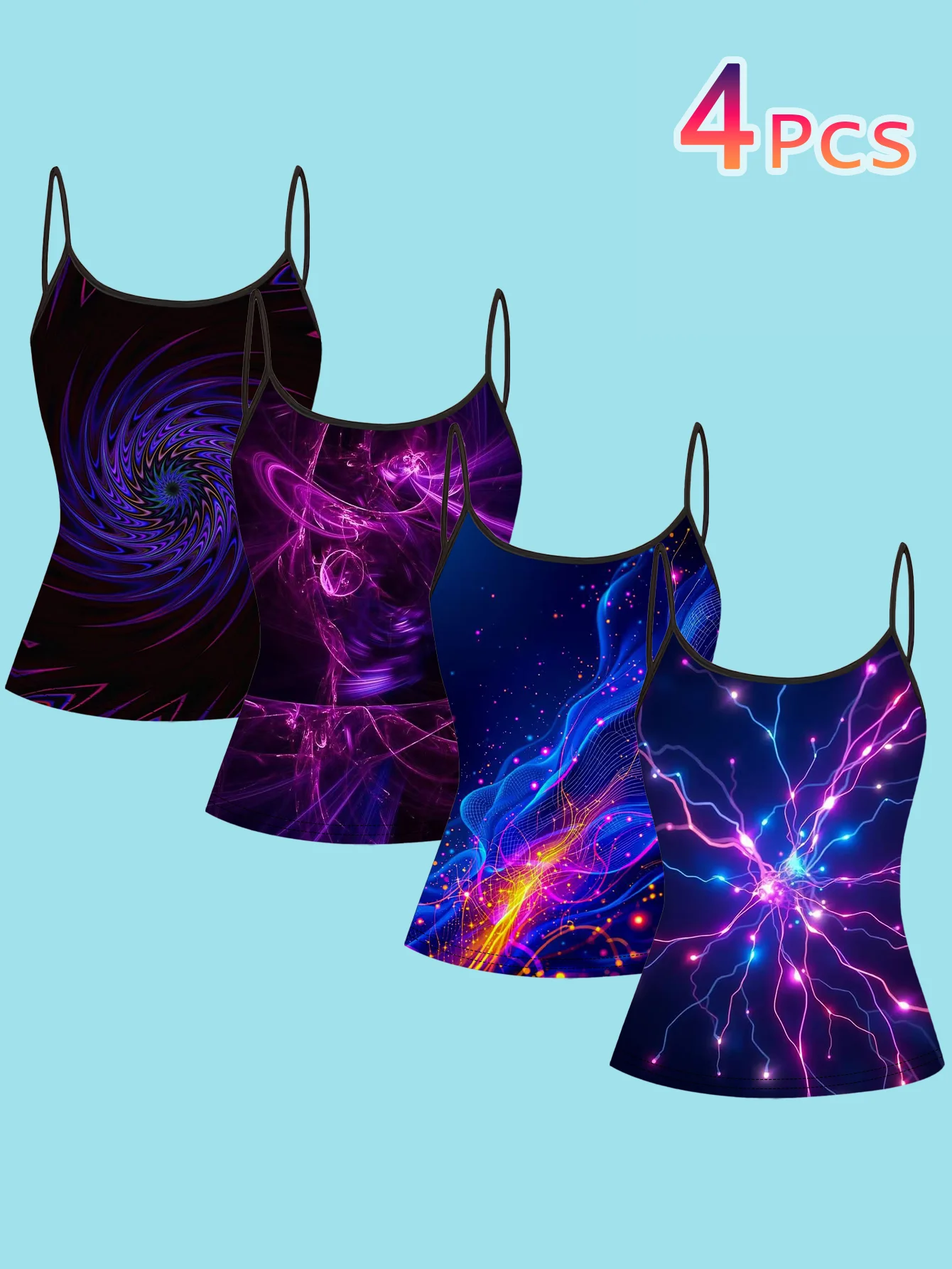 4-Piece Set of Women's Spaghetti Strap Camisole Tops with Black Base, Cyber Neon Light Effect Swirls, Lightning, Starry Sky Art Print, Slim Fit Sleeveless Tops