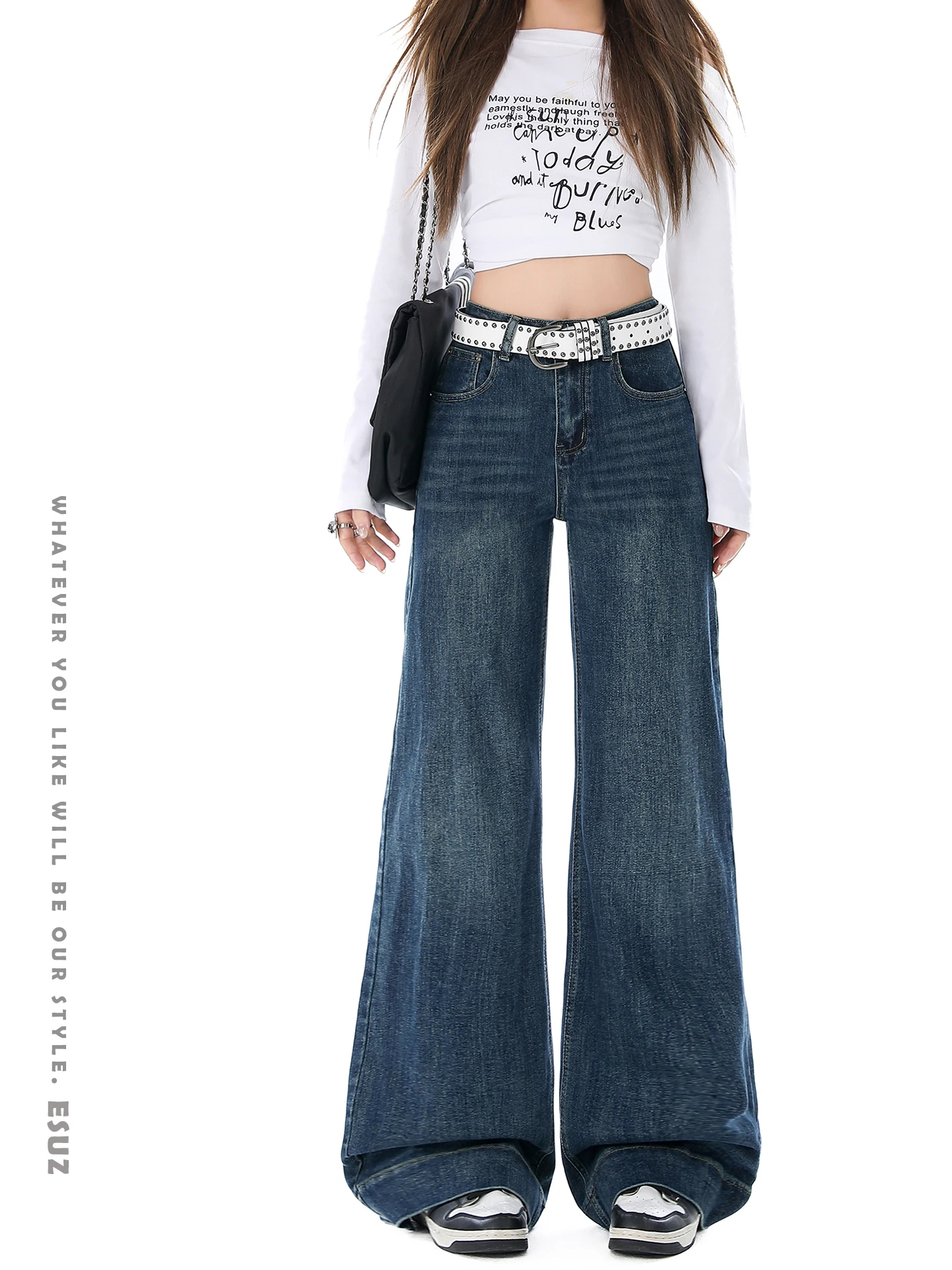 

Deep Blue Flared Wide Leg Denim Jeans Women's Loose Fit High Waist Vintage Style Casual Cotton Blend Spring New Arrivals