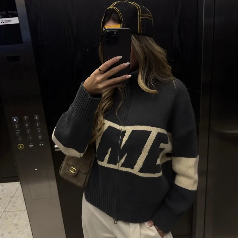 الرجعية المتناثرة تقسم بسيطة سستة سترة متماسكة سترة أزياء عارضة سترة الرجال Y2k إلكتروني التطريز ملابس النساء أعلى #6