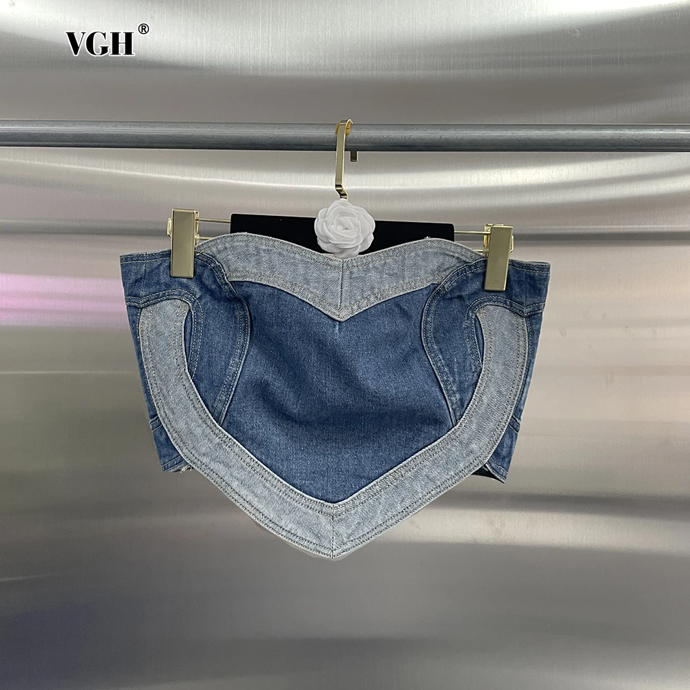 

VGH Retro Washed Tube Top For Women Strapless Sleeveless Backless Short Love Patchwork Sexy Style Denim Vest Female Clothing New