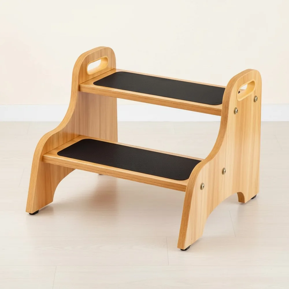 

Детский 2-ступенчатый деревянный табурет с ручками, нескользящая поверхность, вместимость 350 фунтов, портативный для ванной комнаты, кухни, спальни