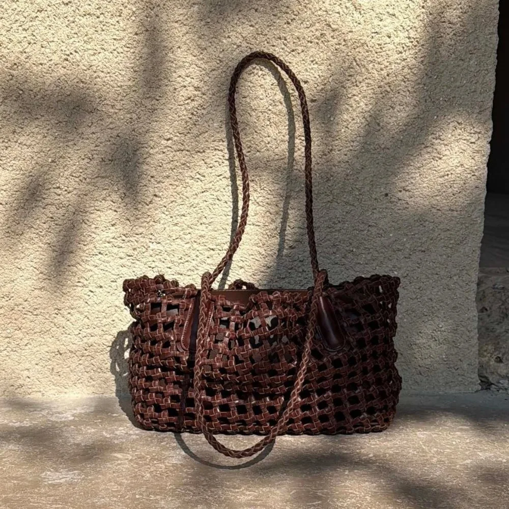 

Tree Paste Cowhide Hollowed Out Handwoven Bag Genuine Leather Shoulder French Vegetable Basket Vacation Tote Bag Beach Bag Women