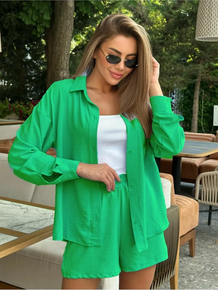 

Casual Blouse Shorts Women Suit Solid Color Button Shirts + Elastic Waist Shorts Women Suit Long Sleeve Top Pant Summer Outfit