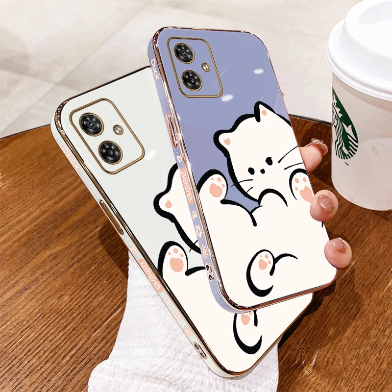 G54 White Cloud Cat Luxury Plating Phone Case For Motorola Moto G54 Thin Shatterproof Camera Protection Moto G54 Soft Back Cover