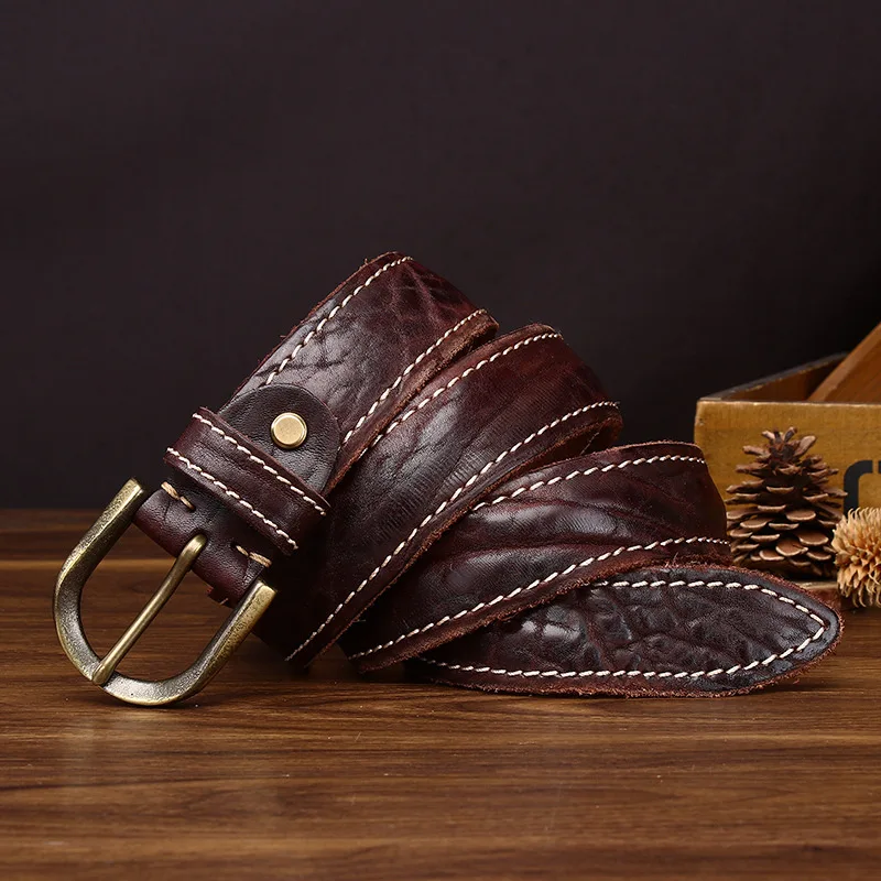 Thickened retro textured men's genuine leather pin buckle belt, first-layer cowhide tree pattern for jeans
