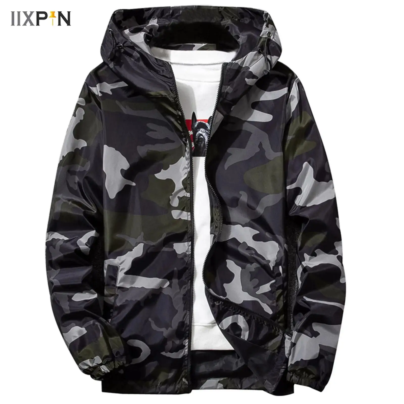

Men Camouflage Printed Hooded Jackets Long Sleeve Zipper Pockets Baseball Coat Windproof Outerwear for Hiking Cycling Dailywear