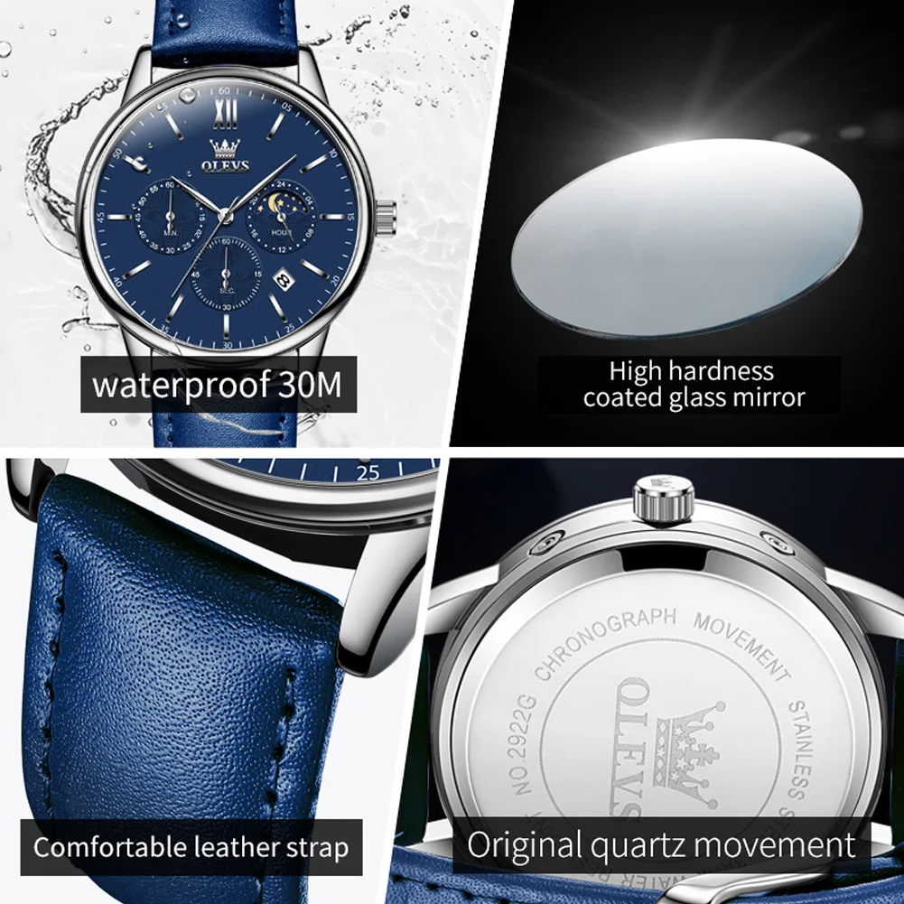 Olevs brandneue Business Herren uhren Mode blau Leder wasserdicht Datum Luxus Mondphasen Chronograph Quarzuhr für Männer