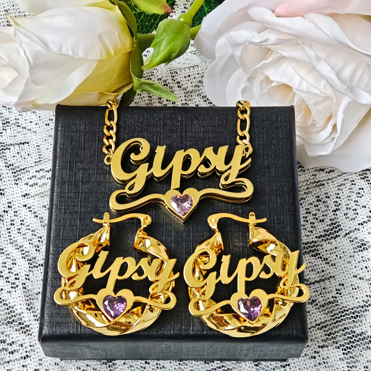 

Customized Name Stainless Steel Jewelry Sparkling Love Diamond Set December Birthday Stone Earrings and Necklace Birthday Gift