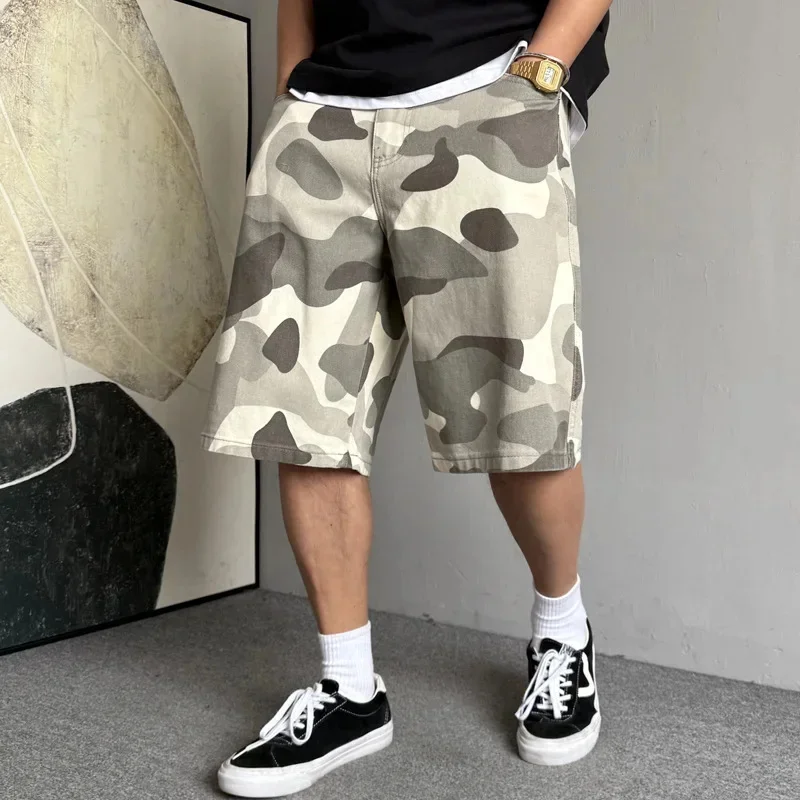 

Summer American casual cool retro camouflage shorts men's loose and trendy high street wide leg denim