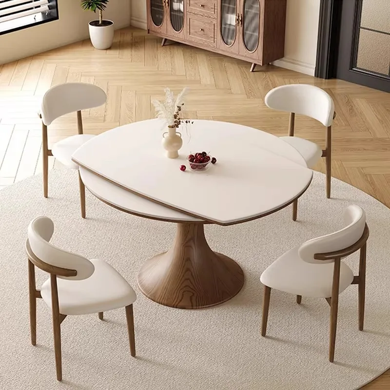 Nordic Foldable Dining Table With Stone Top Modern Wooden Expandable Dining Table For Home Use Luxurious Round Dining Table Set
