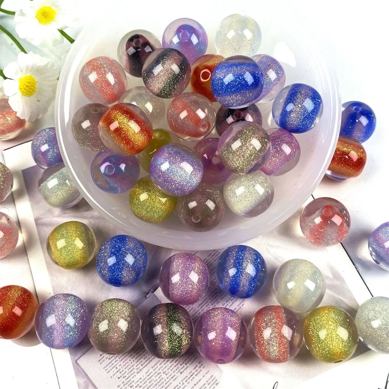 

Newest 100pcs/lot 16mm color glitter effect geometry rounds shape resin straight hole beads diy jewelry garment hair accessory