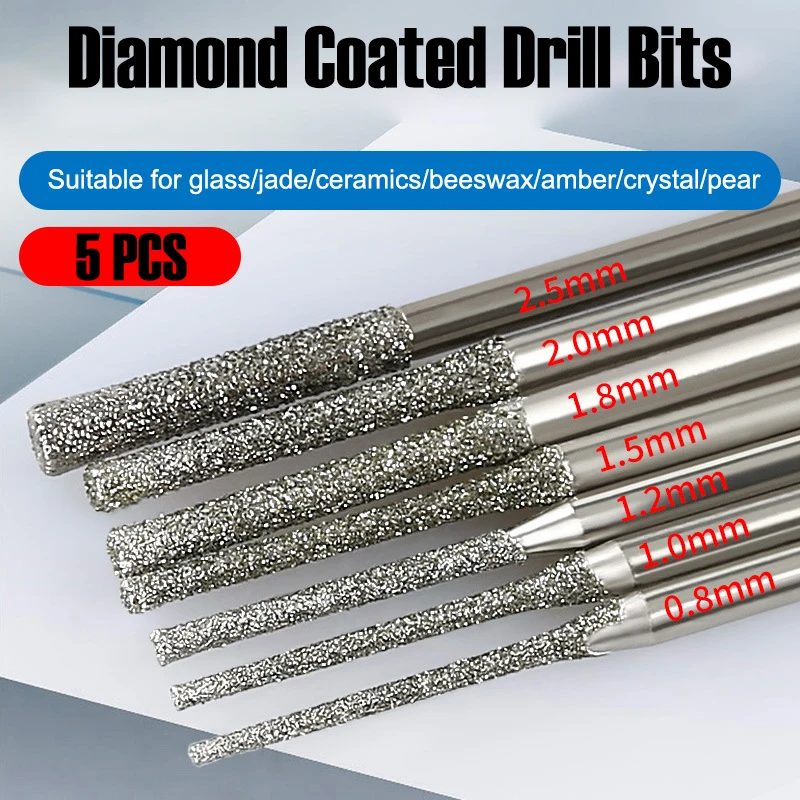 5pcs Diamond Coated Drill Bit 2.35mm Shank for Glass Jade Ceramics Beeswax Amber Crystal Pear Drilling 0.8/1/1.2/1.5/1.8/2/2.5mm