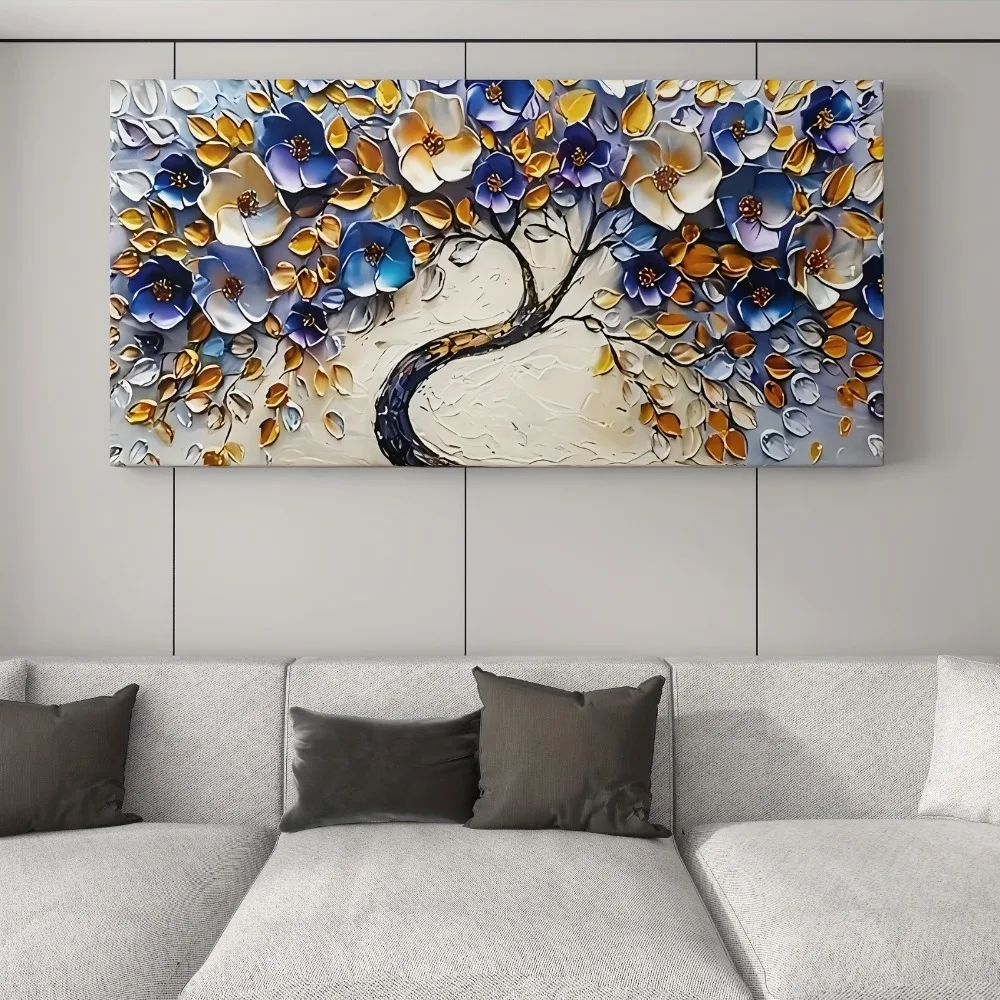 

Large abstract Floral tree canvas art - Boho style, blue textured mural, 1.5-inch chunky wood frame for home decor lovers