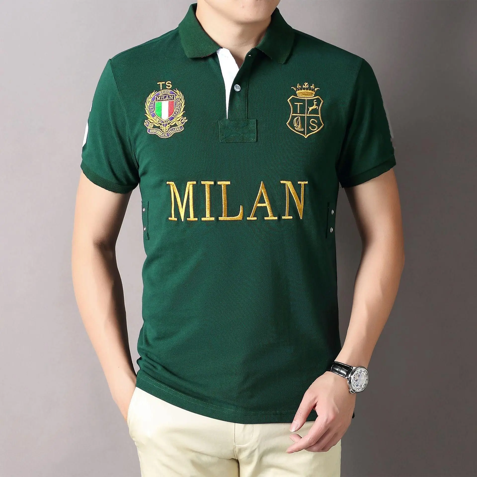 2024 New Summer Italy Men\'s Polo Shirt Green Plus EU Size 7XL Short Sleeve MILAN Embroidery Casual Sports Collar T Shirt for Man