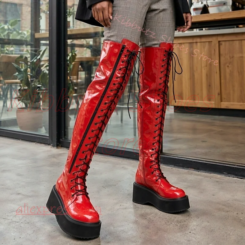 Platform Over The Knee Boots Lace Up Patent Leather Thigh High Round Toe Chunky Sole Women Punk Goth Streetwear Footwear Concise