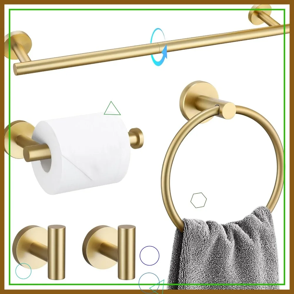 

Набор из 5 предметов для ванной комнаты из матовой золотой стали, 23,6-дюймовая вешалка для полотенец из нержавеющей стали SUS304 с перекладиной