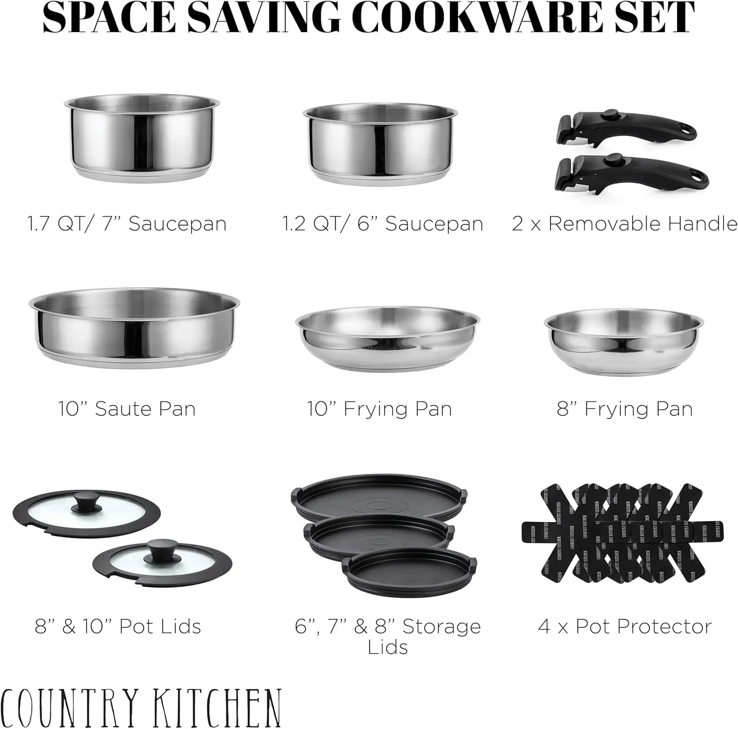 

Cookware Set with Removable Handle, Oven & RV Safe Pots and Pans Set, Stainless Steel,