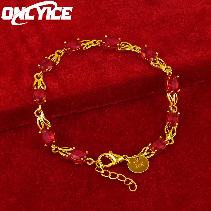 

ONLYICE 24K Gold Red Zircon Bracelet For Women Fashion Charm Crystal Hand Chain Wedding Party Jewelry Beautiful Accessories