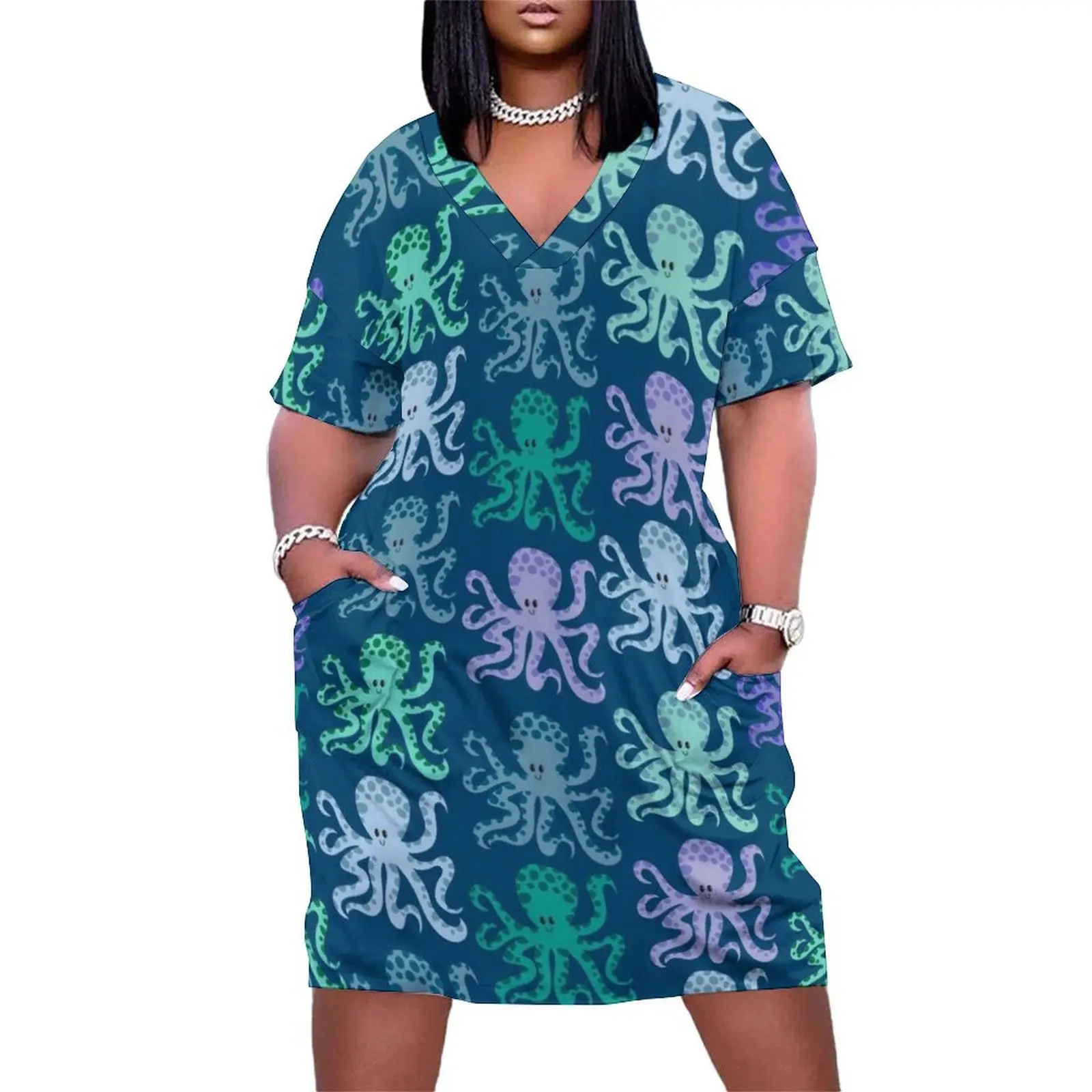 

A Consortium of Octopuses - dark blue background Loose Pocket Dress summer dress elegant women"s dresses sale